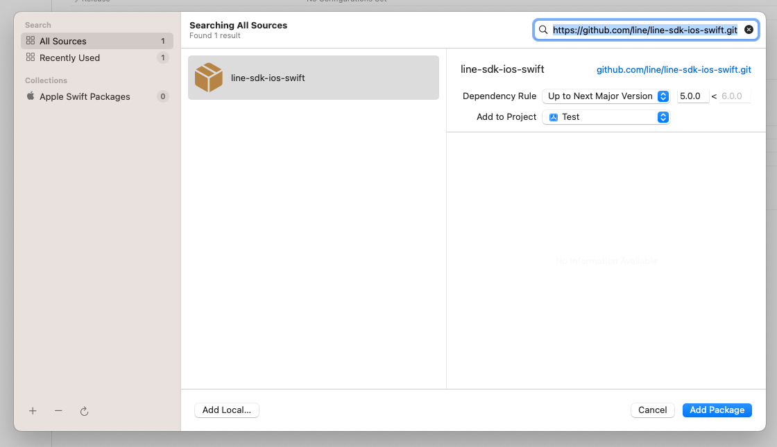 Xcode add package sheet with the LINE iOS SDK repository URL