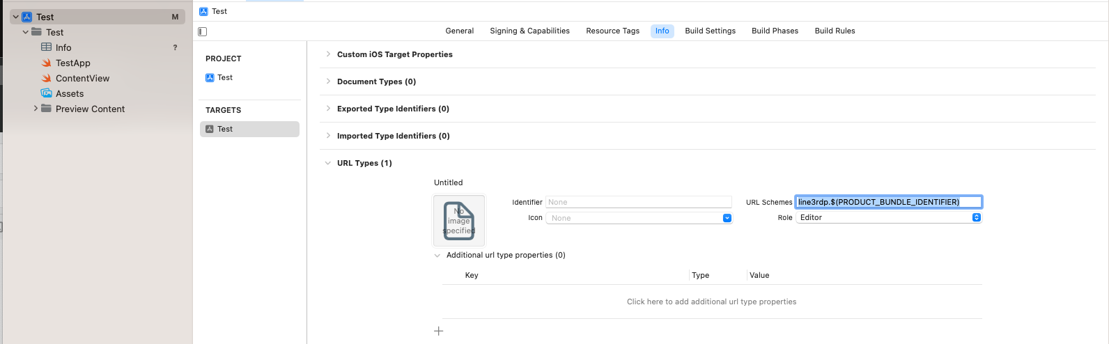 Xcode target Info tab showing the LINE URL type entry