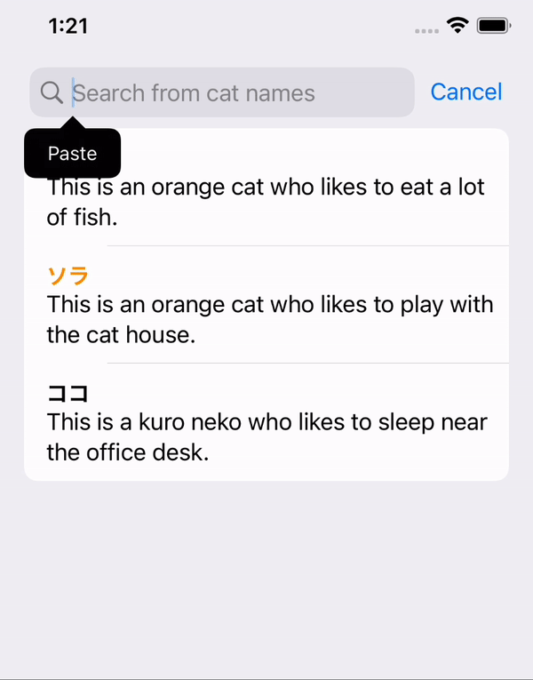 Basic searchable list requiring an exact cat name