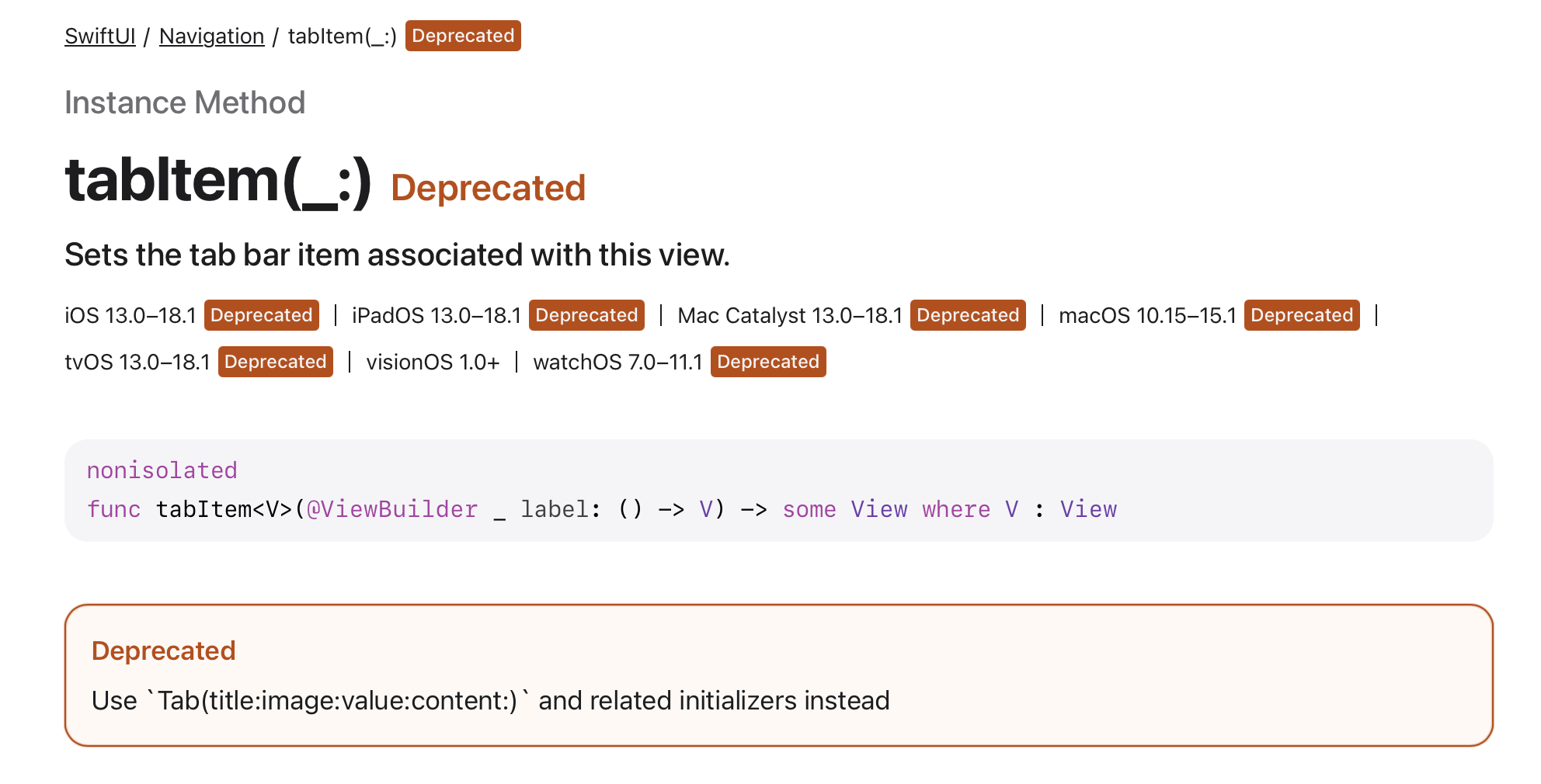 Apple documentation screenshot showing the new Tab API