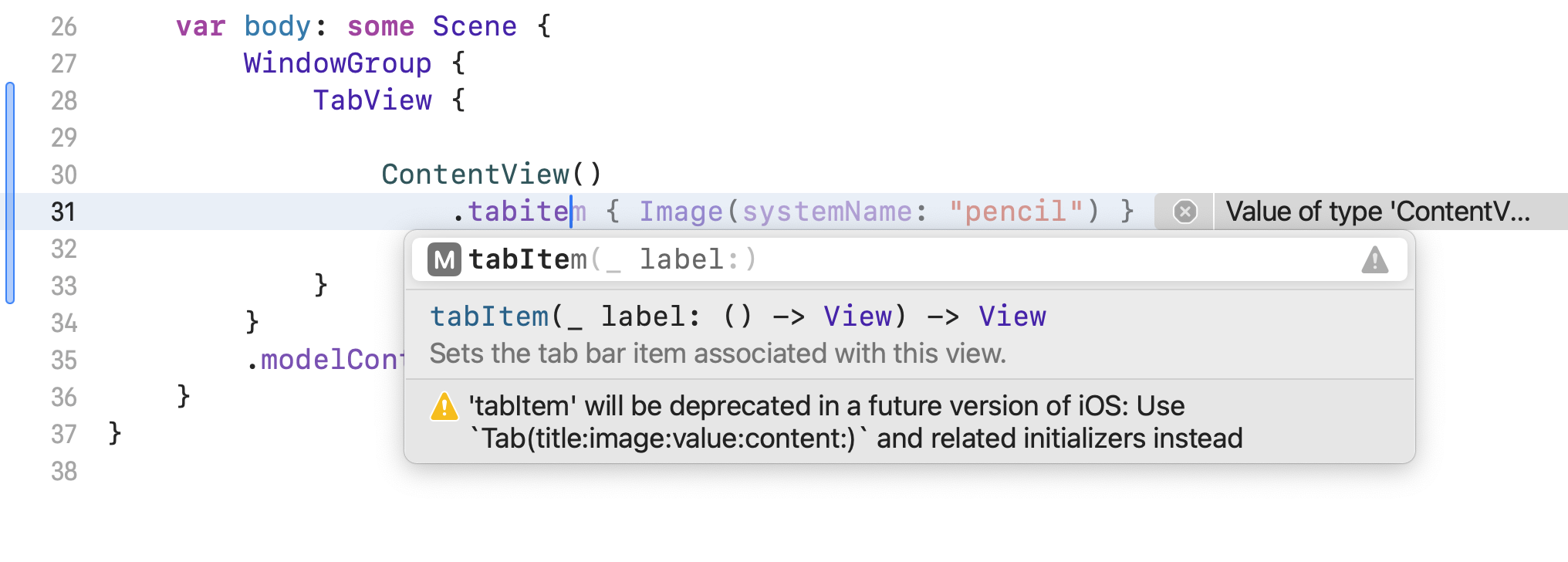 Xcode warning showing that .tabItem is being deprecated in future iOS versions
