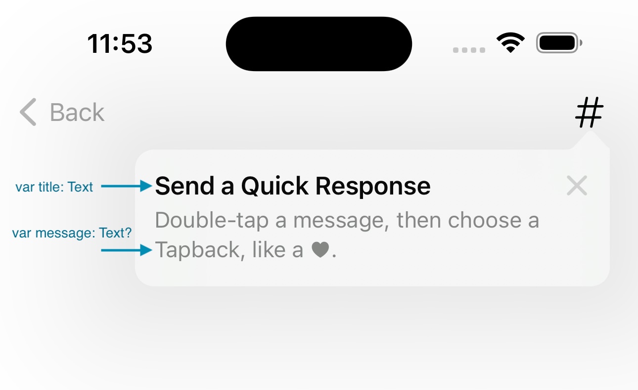 Rendered TipKit card showing a title, message, and close control