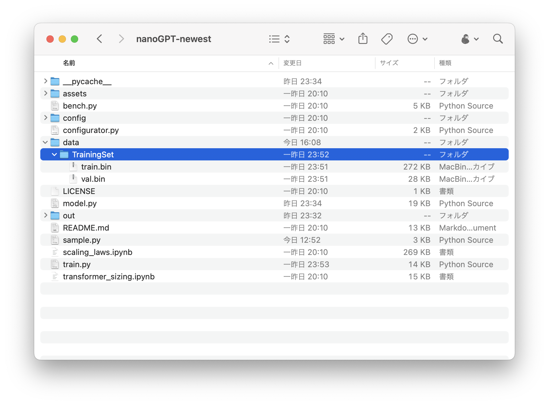 TrainingSet folder copied into the nanoGPT data directory