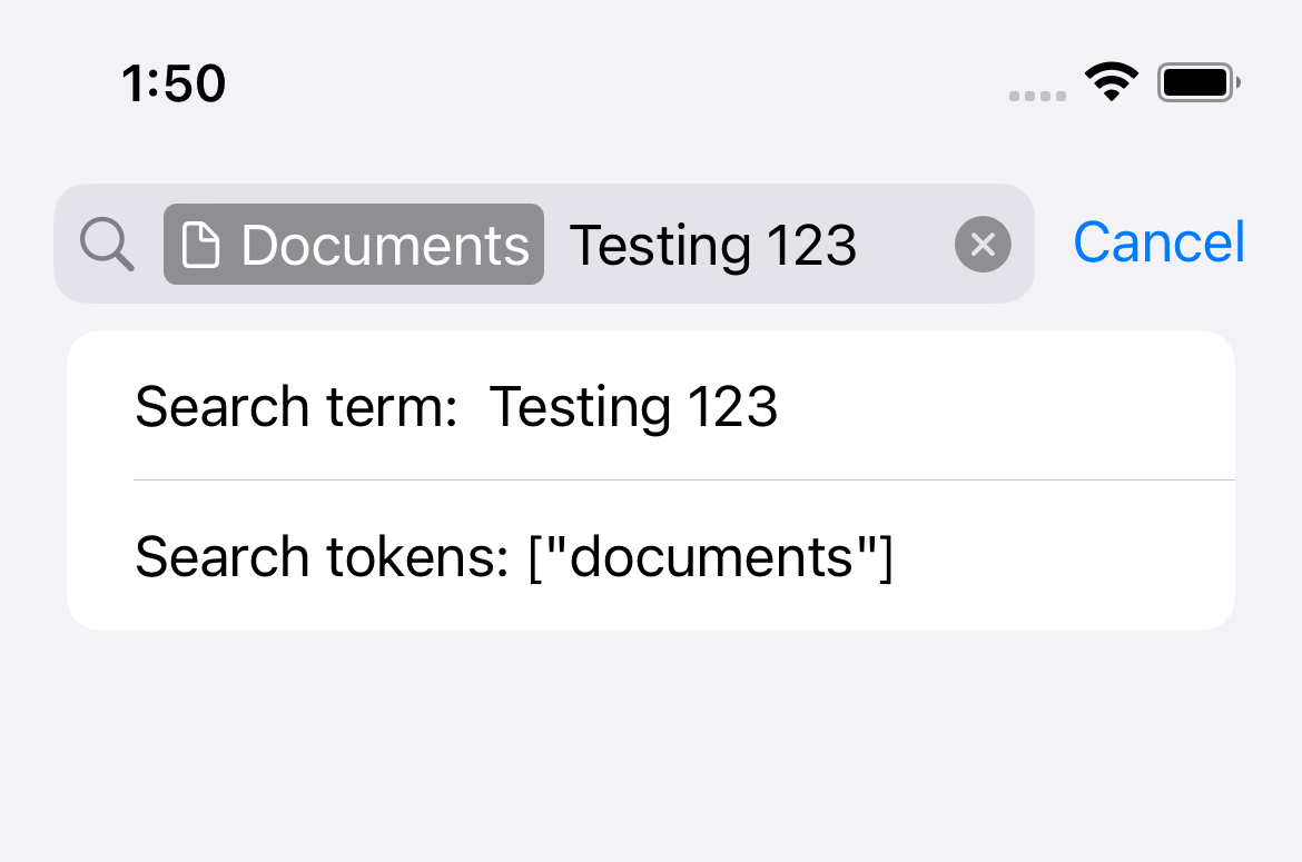 Search bar showing category tokens inside an iOS search field