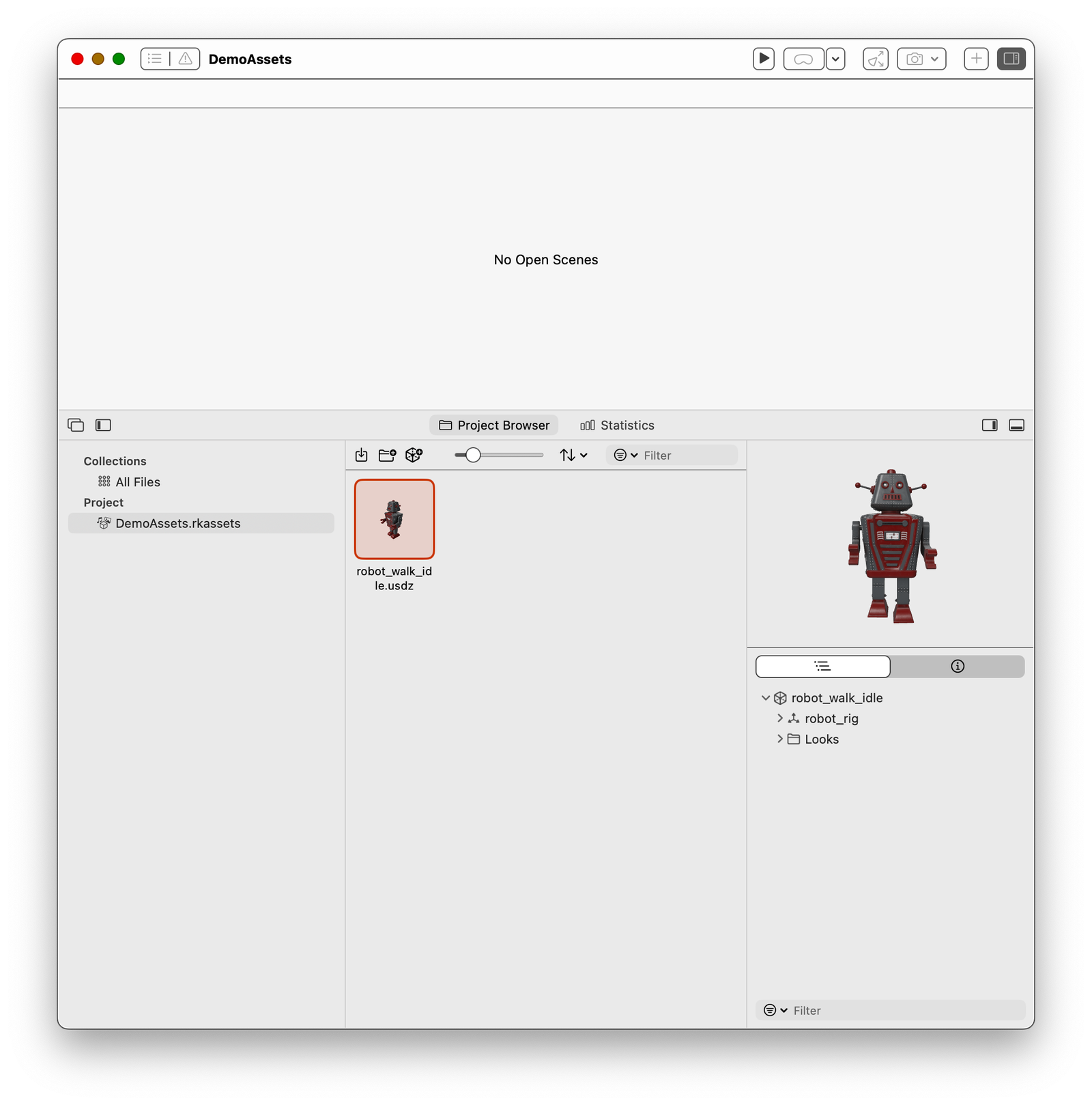 Animated robot asset shown inside Reality Composer Pro