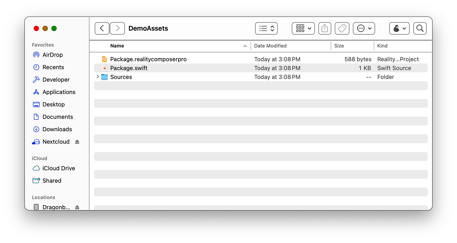 Reality Composer Pro project folder structure showing it as a Swift package