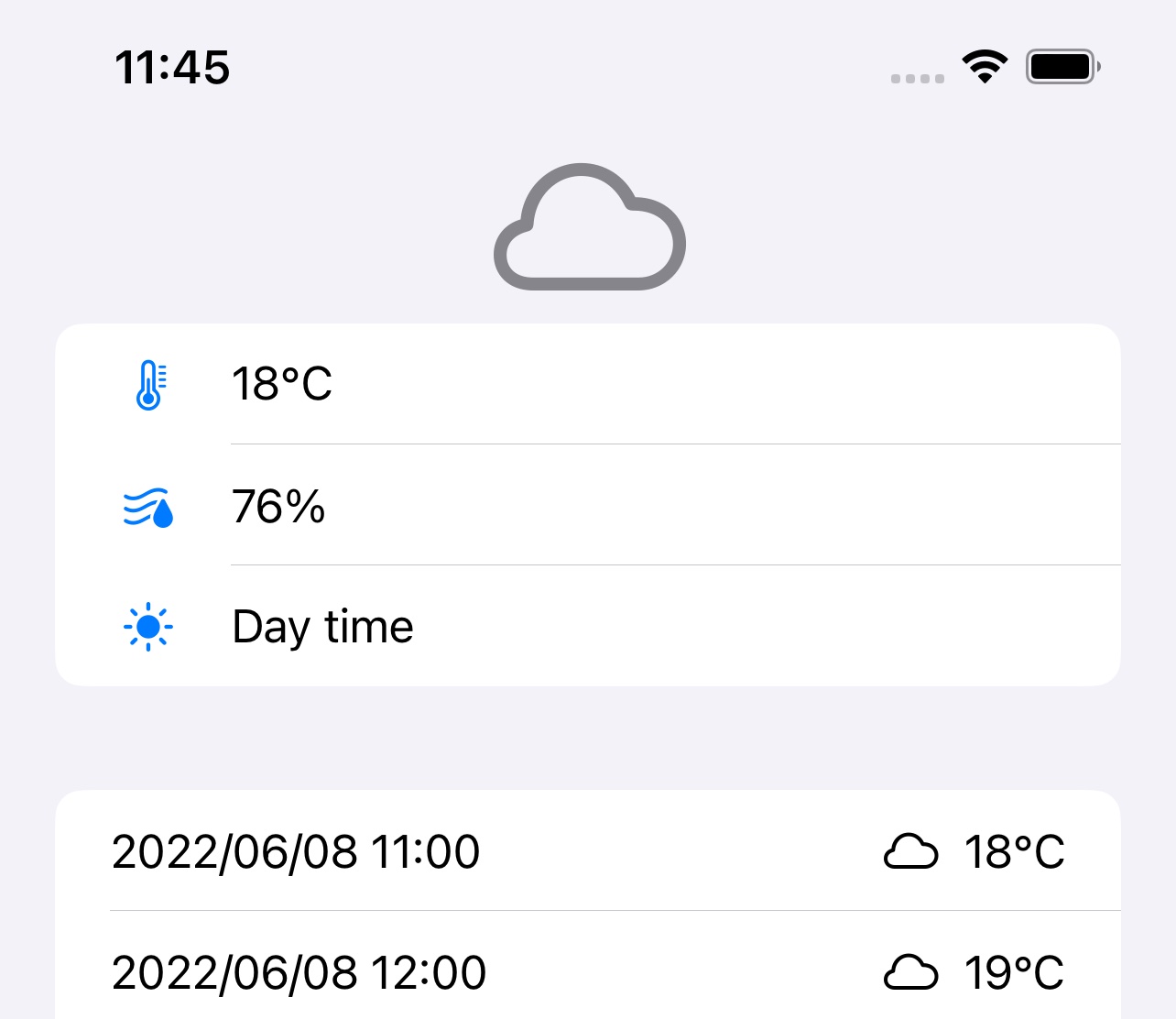 WeatherKit demo app showing current weather and forecast information inside an iOS interface