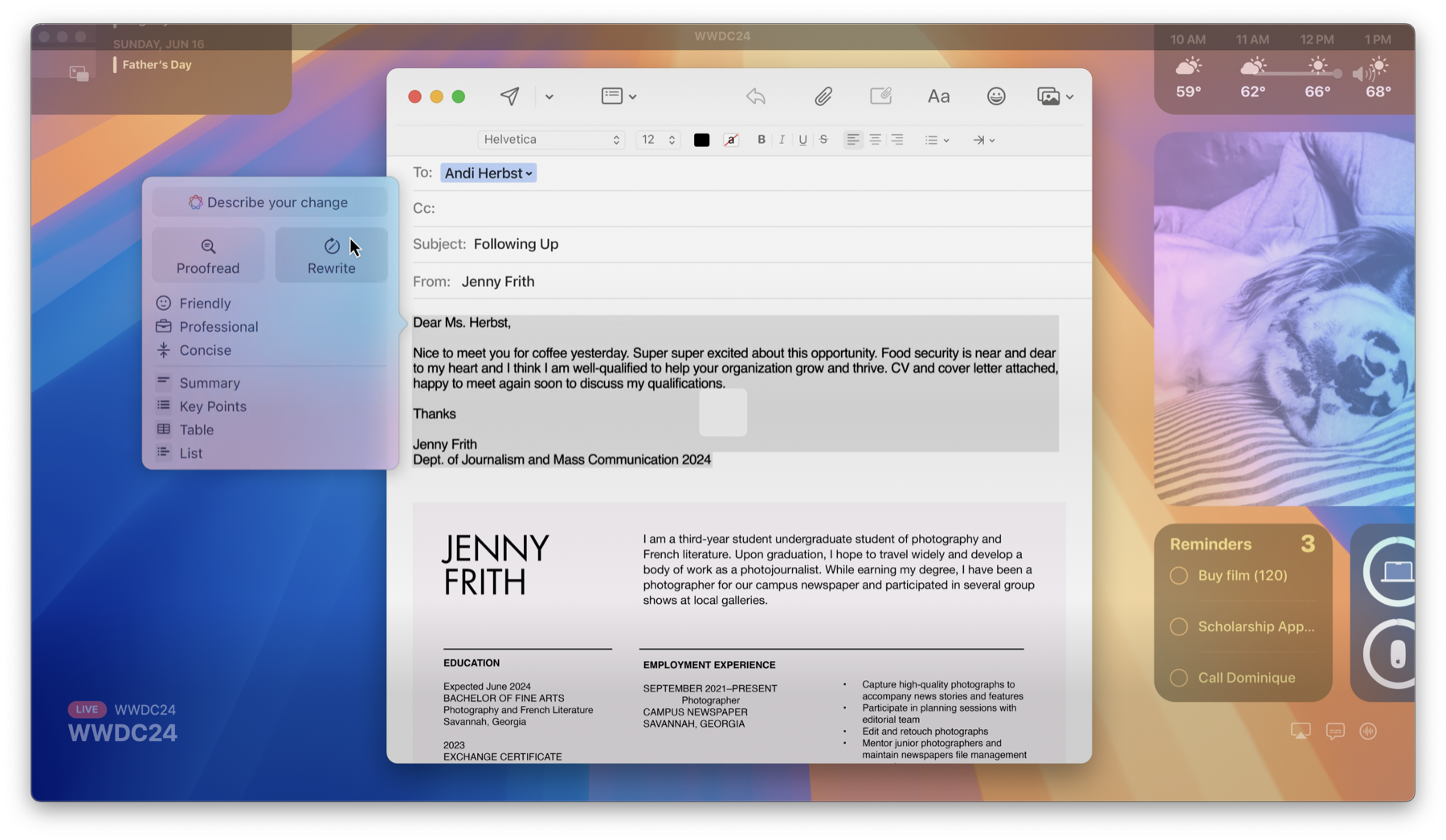 Apple Intelligence writing tools shown during WWDC 2024
