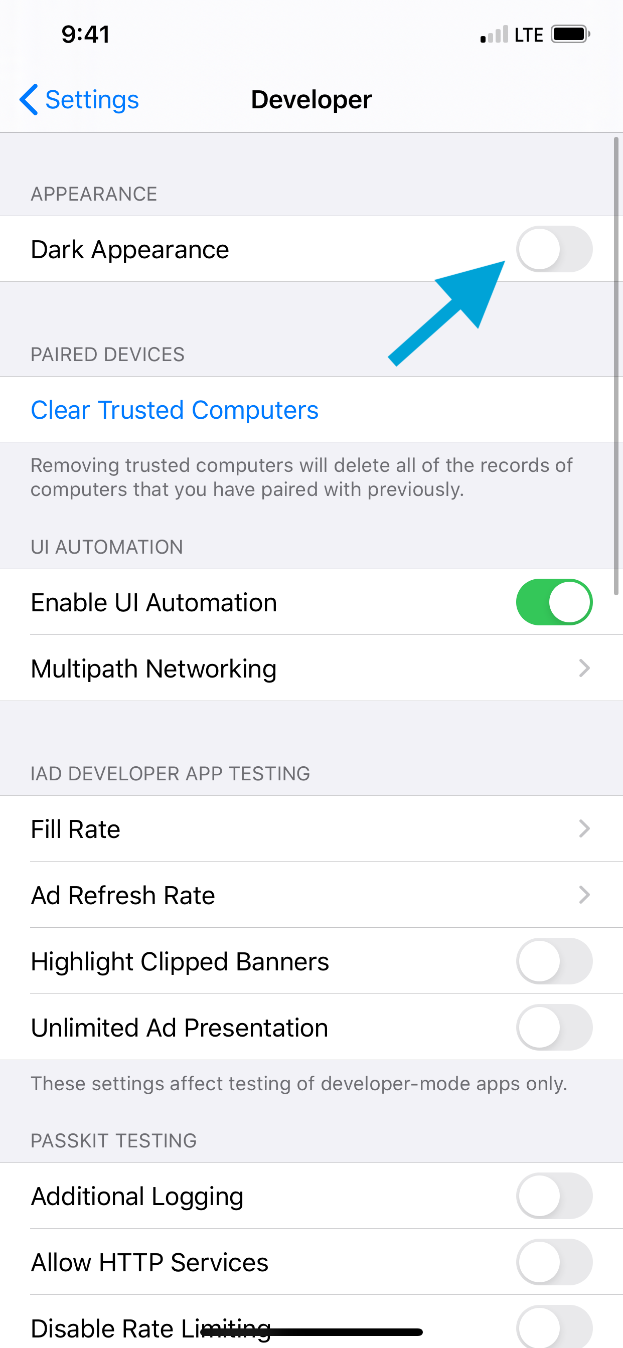 Dark Appearances switch inside the simulator developer settings