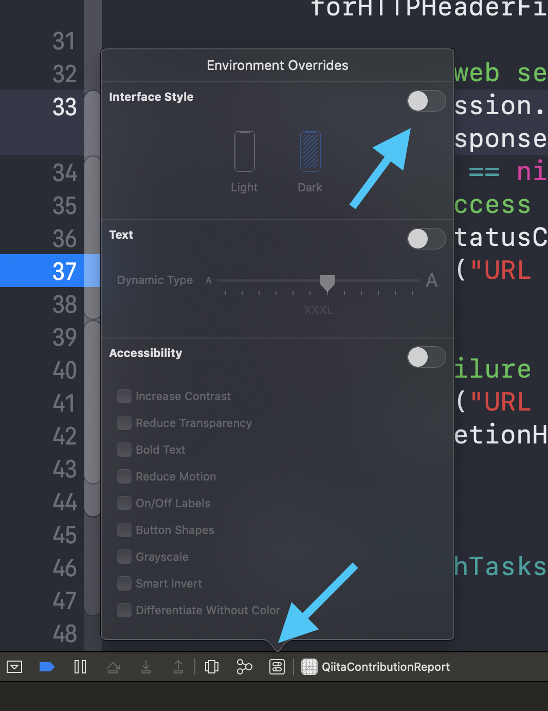 Xcode environmental overrides panel used to switch interface style