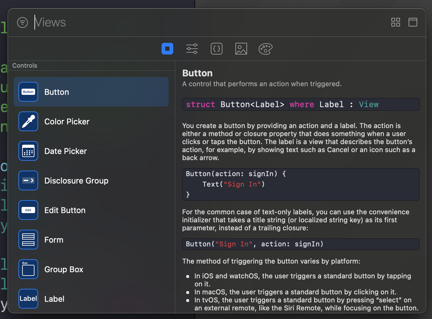 Xcode library showing SwiftUI view elements