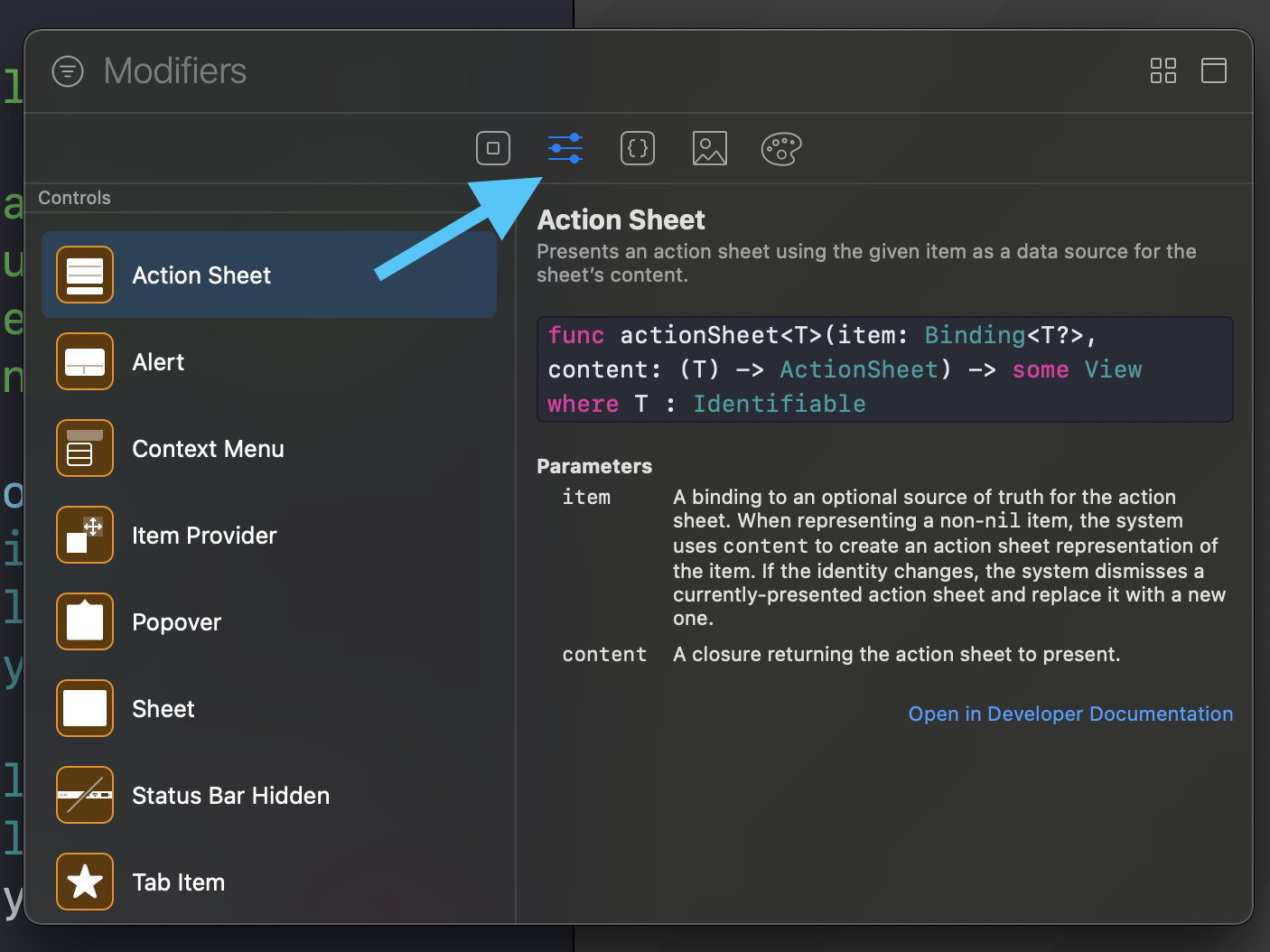 Xcode library showing SwiftUI modifiers