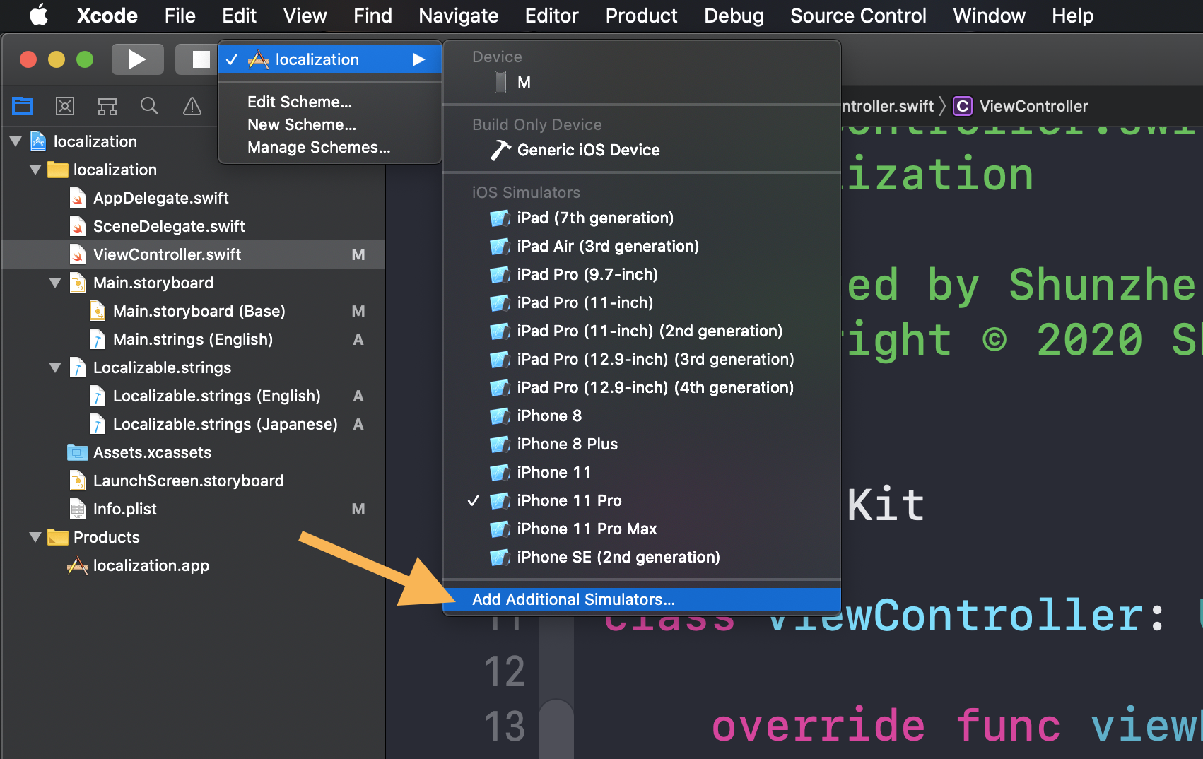 Xcode run destination menu leading to the Devices and Simulators window