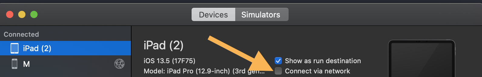 Xcode Devices window showing the Connect via Network checkbox for a physical iPhone