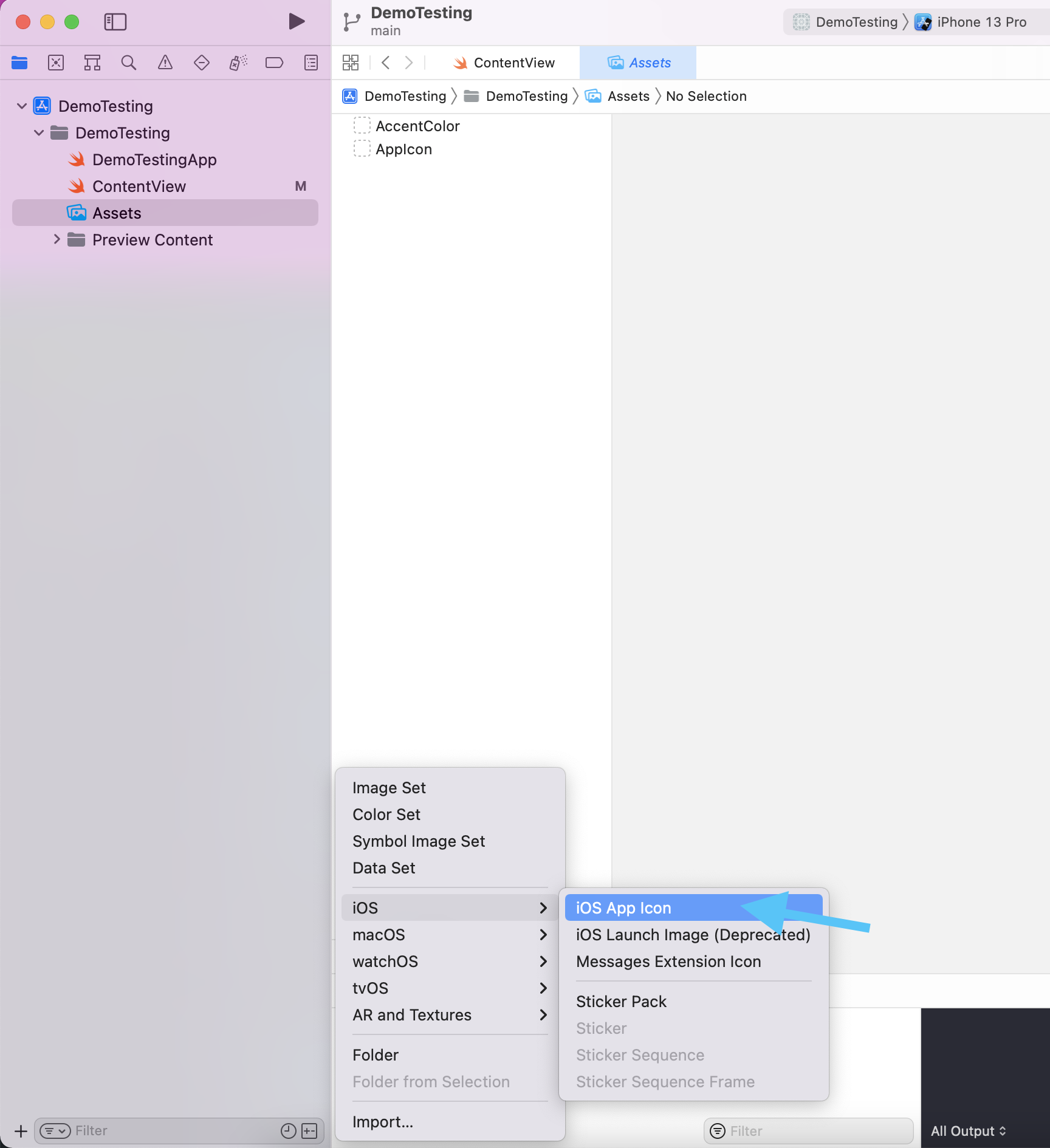 Xcode asset catalog with the menu for creating a new iOS app icon set