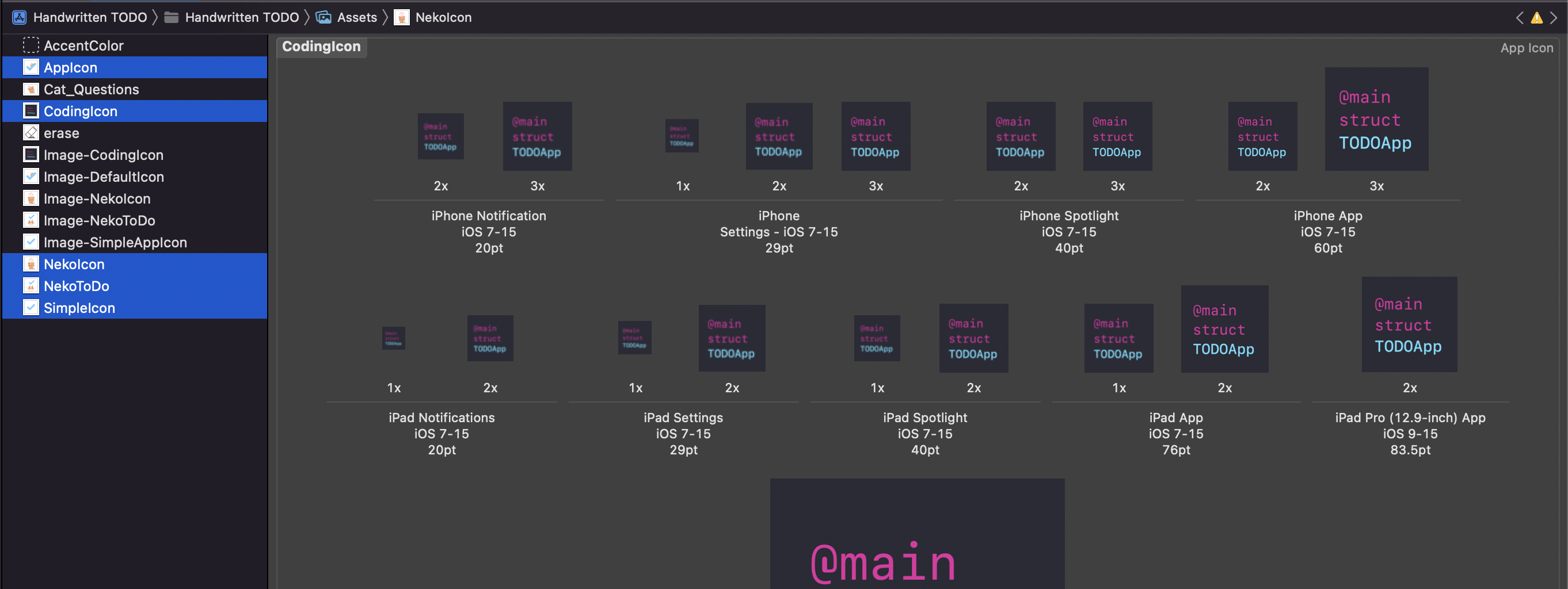 Multiple alternate app icon sets shown in the Xcode asset catalog