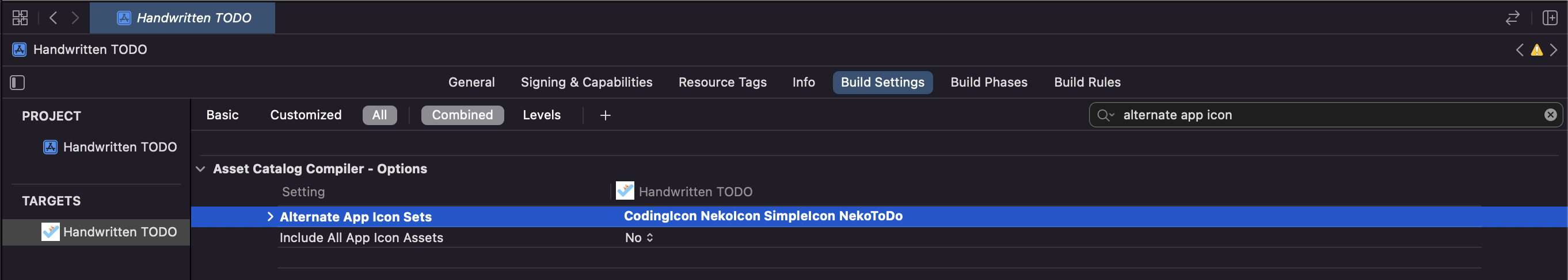 Xcode Build Settings showing Alternate App Icon Sets