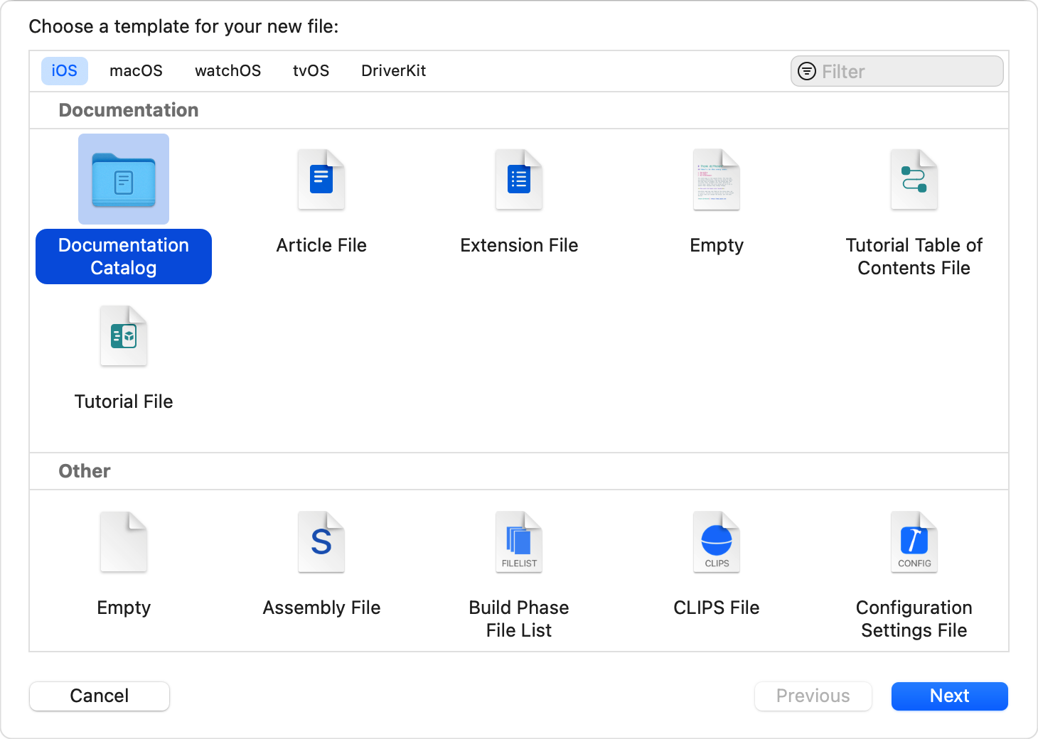 Xcode template picker showing the Documentation Catalog option