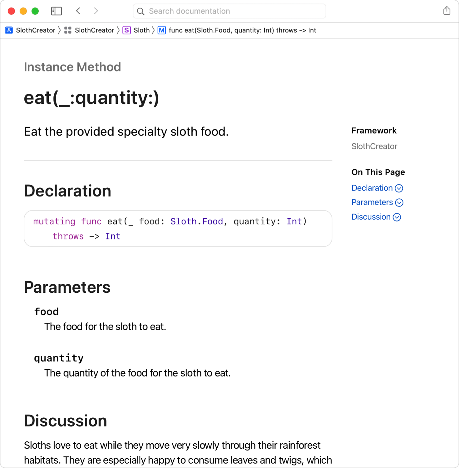 Generated DocC page showing summary and discussion content from comments