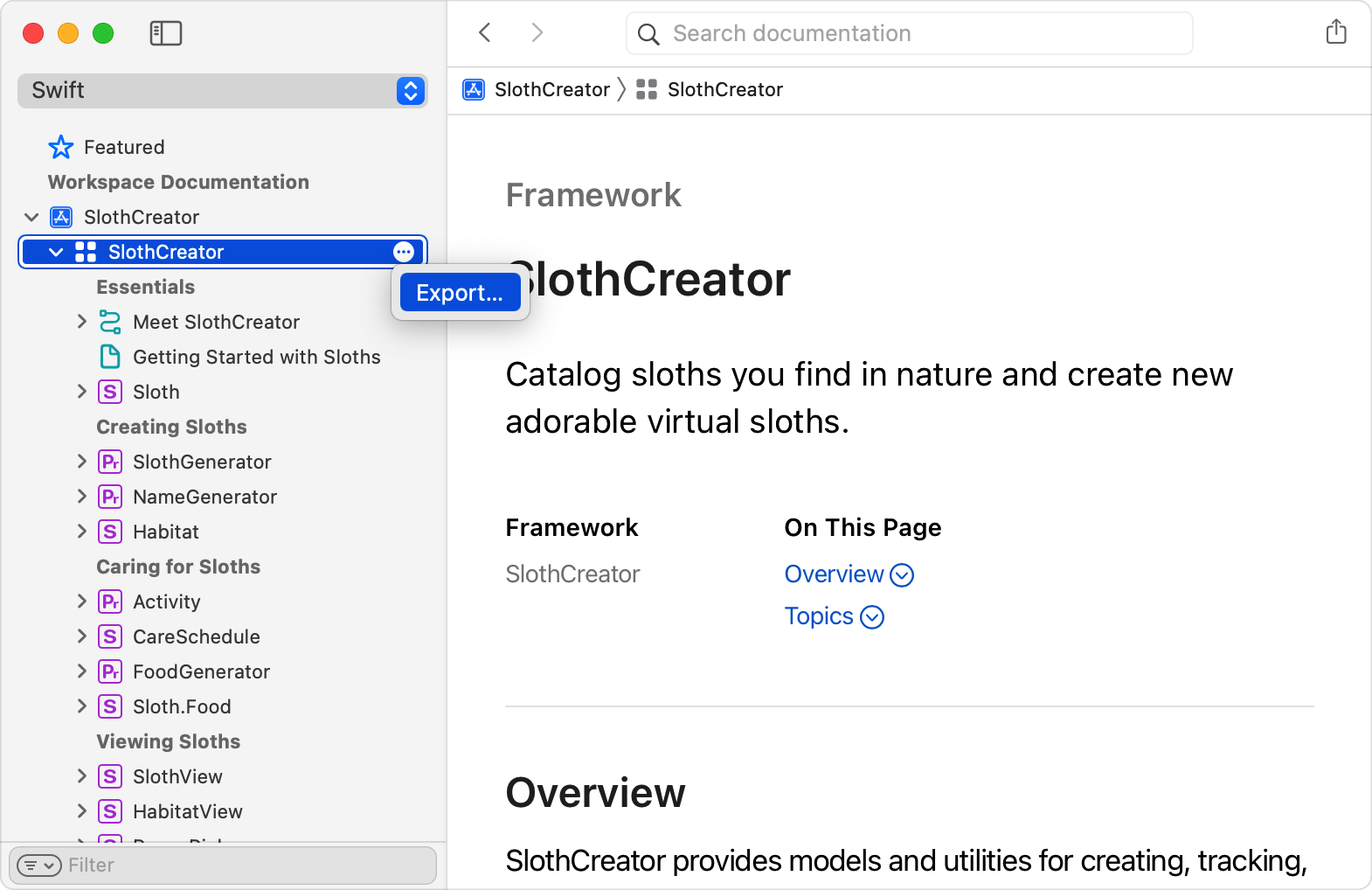 Xcode documentation context menu showing Export for a .doccarchive