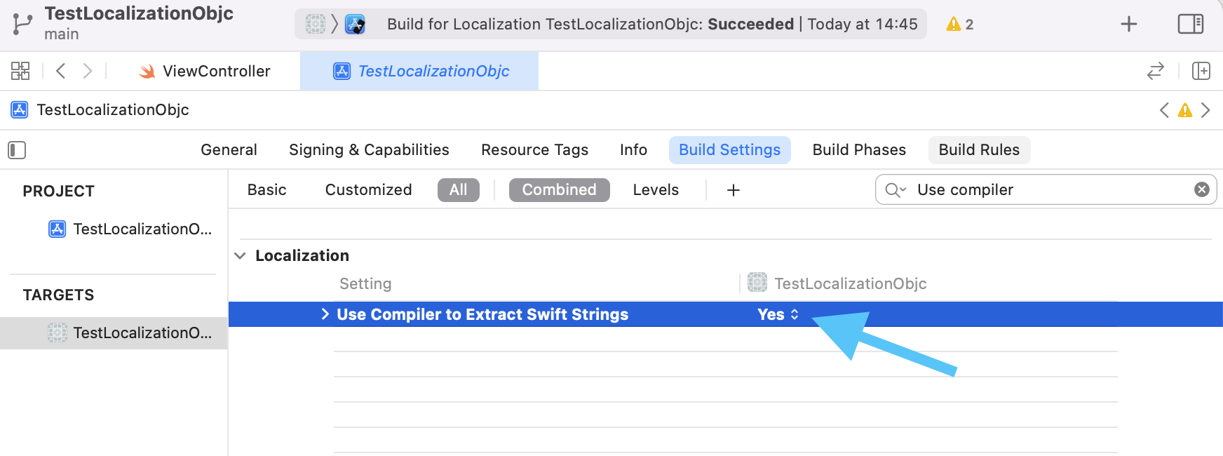 Build setting for using the compiler to extract Swift strings