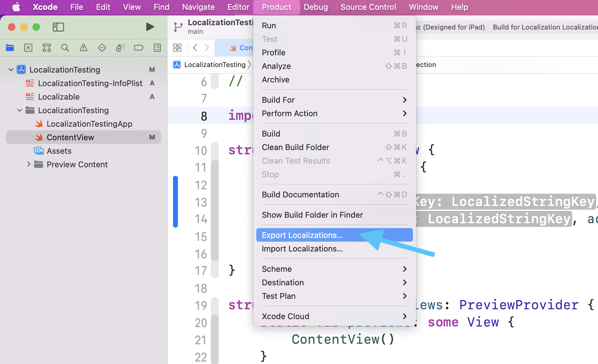 Xcode Product menu showing Export Localizations