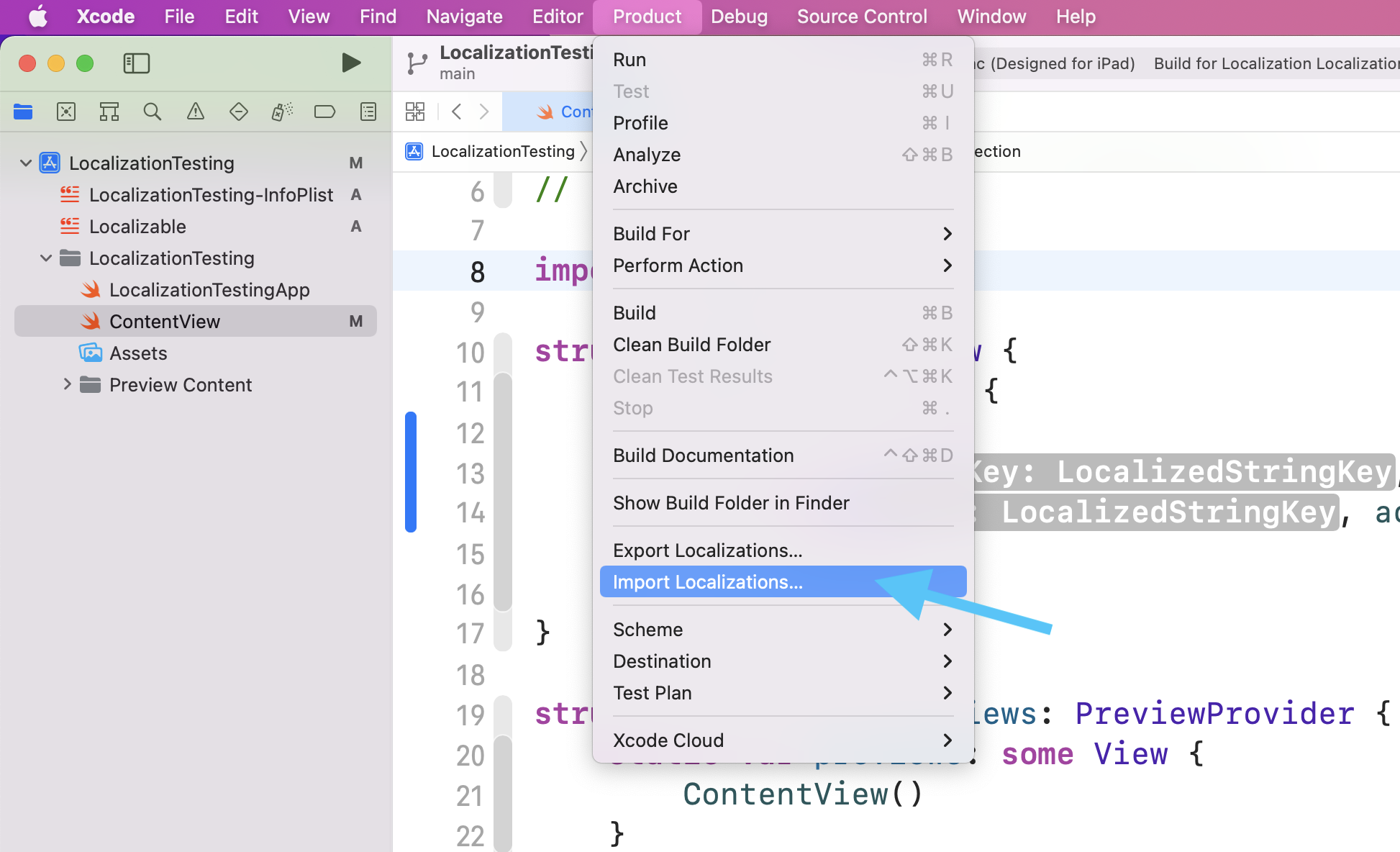 Xcode Product menu showing Import Localizations